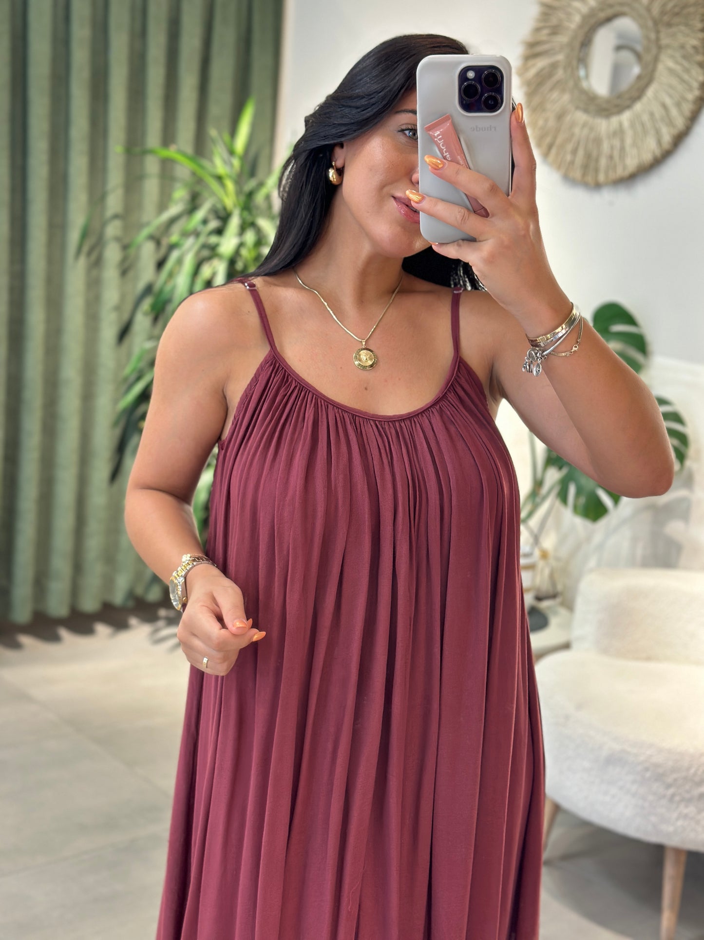 Bordo Askılı Rahat Elbise