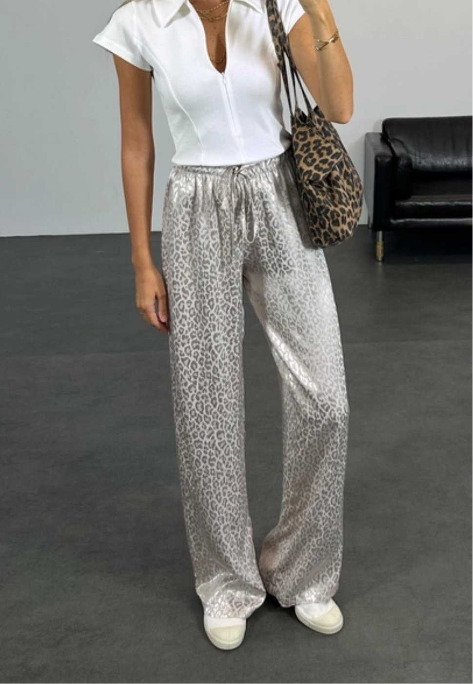 Leopar Desen Saten Pantolon