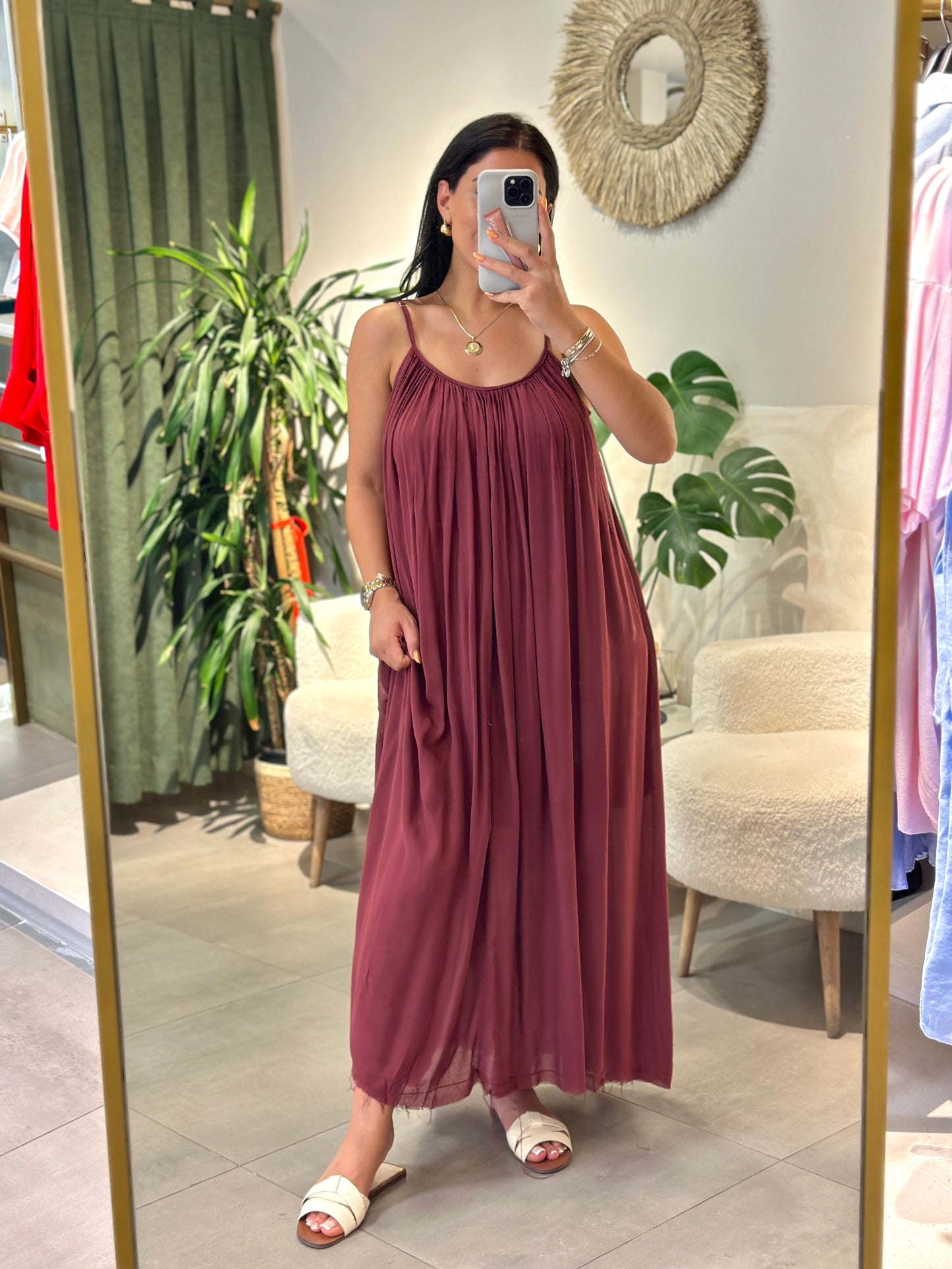 Bordo Askılı Rahat Elbise