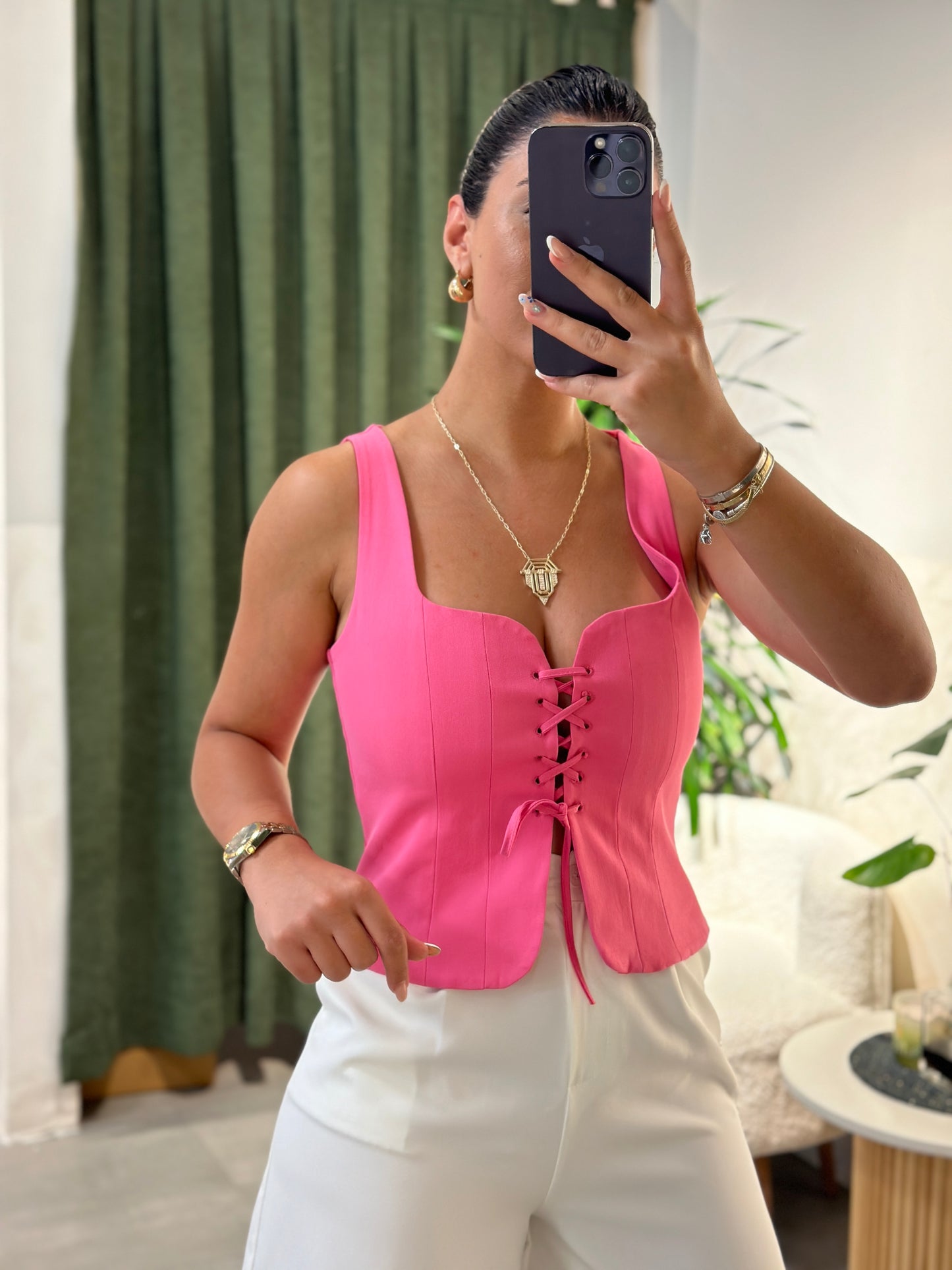 Pembe Kare Yaka Ön Bağlamalı Bluz