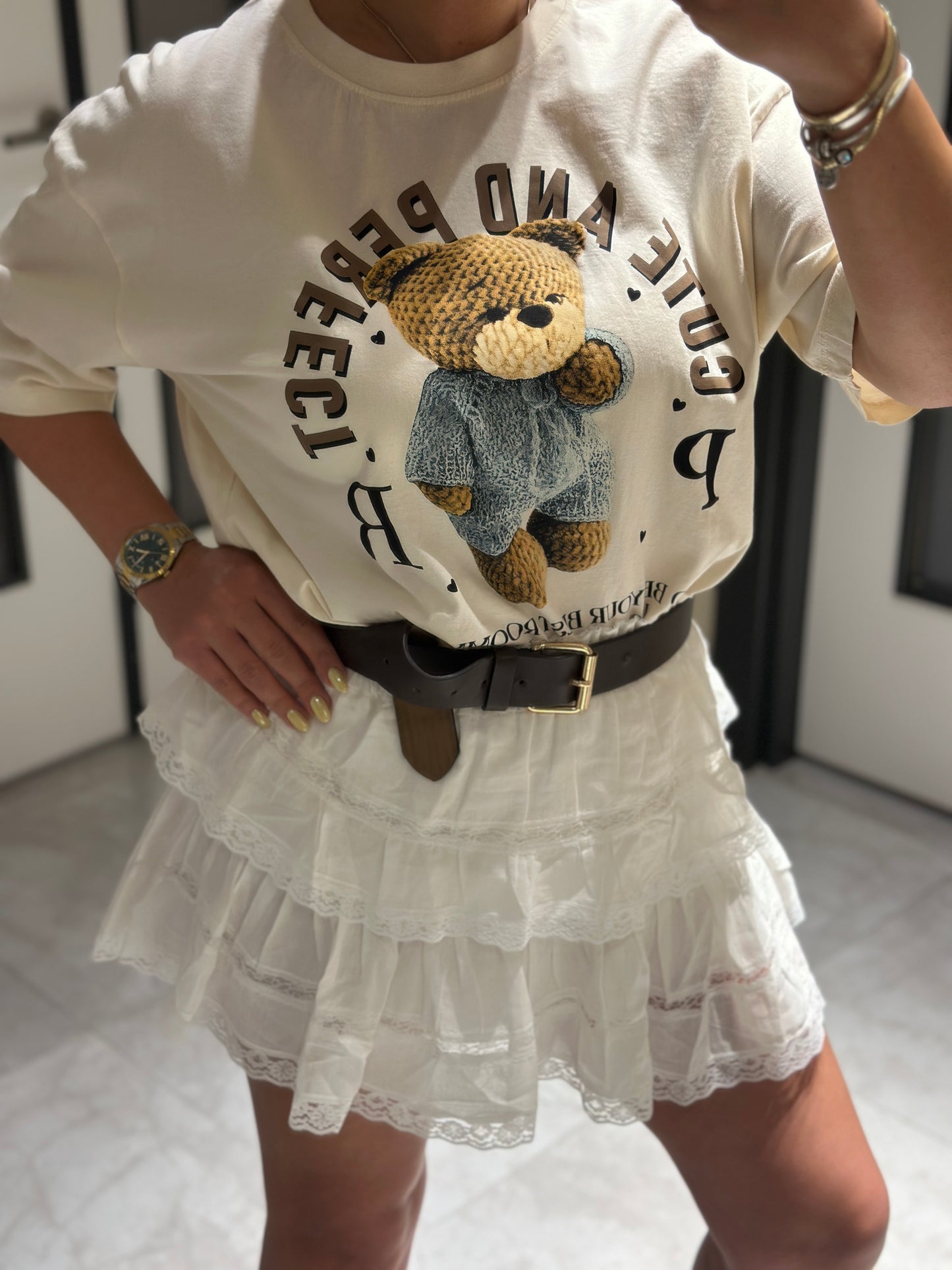 Ekru Teddy Baskılı Tshirt
