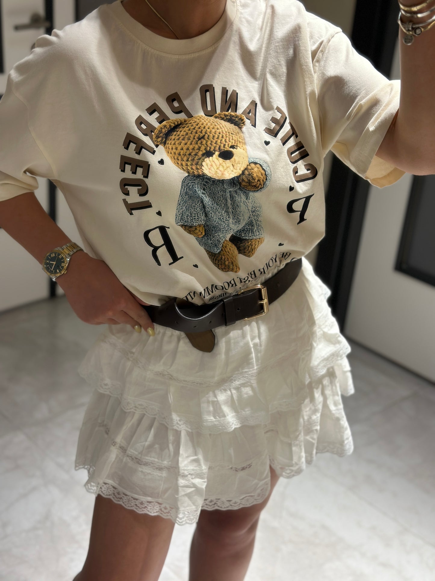 Ekru Teddy Baskılı Tshirt