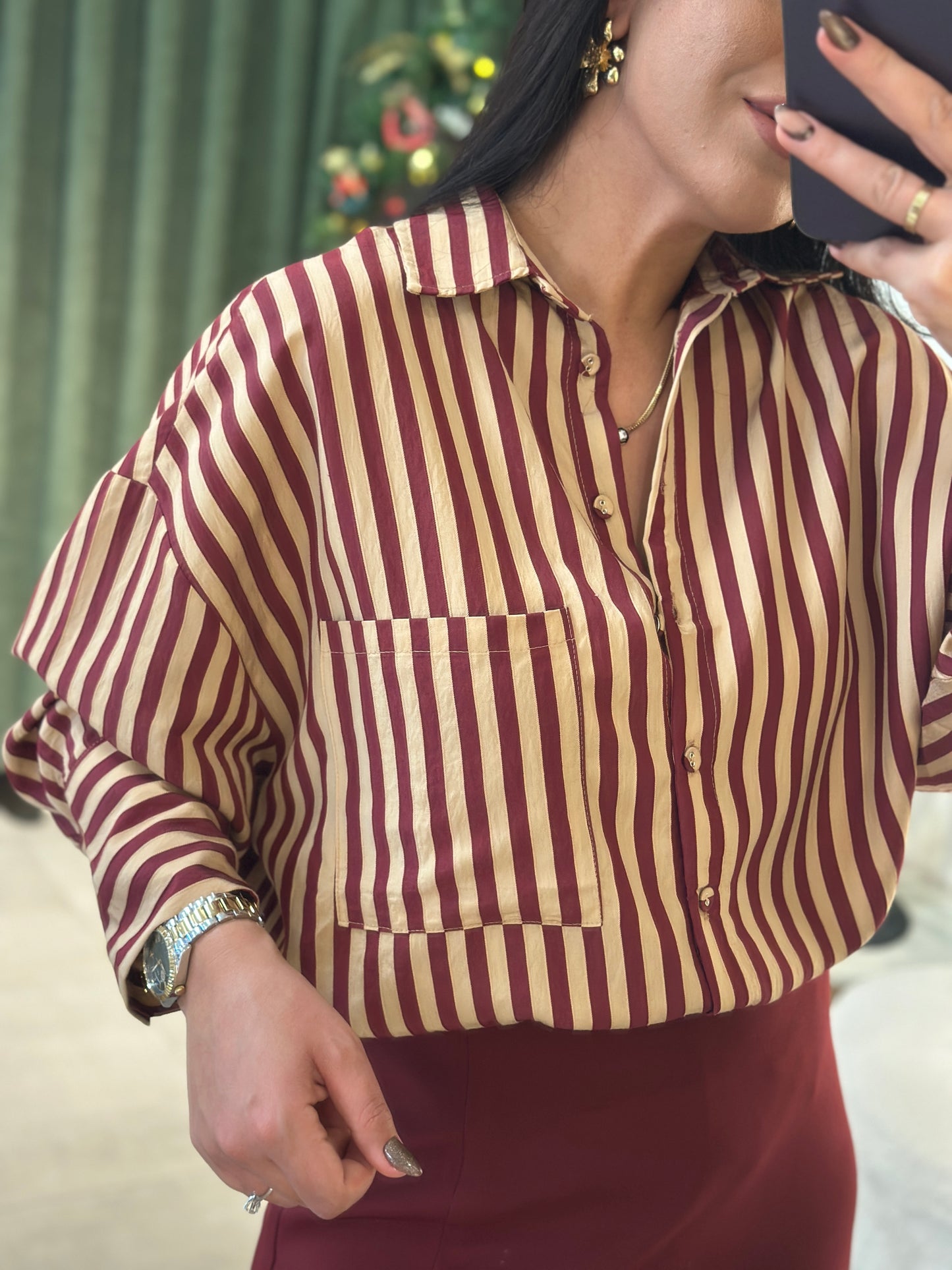 Krem Bordo Çizgili Oversize Gömlek