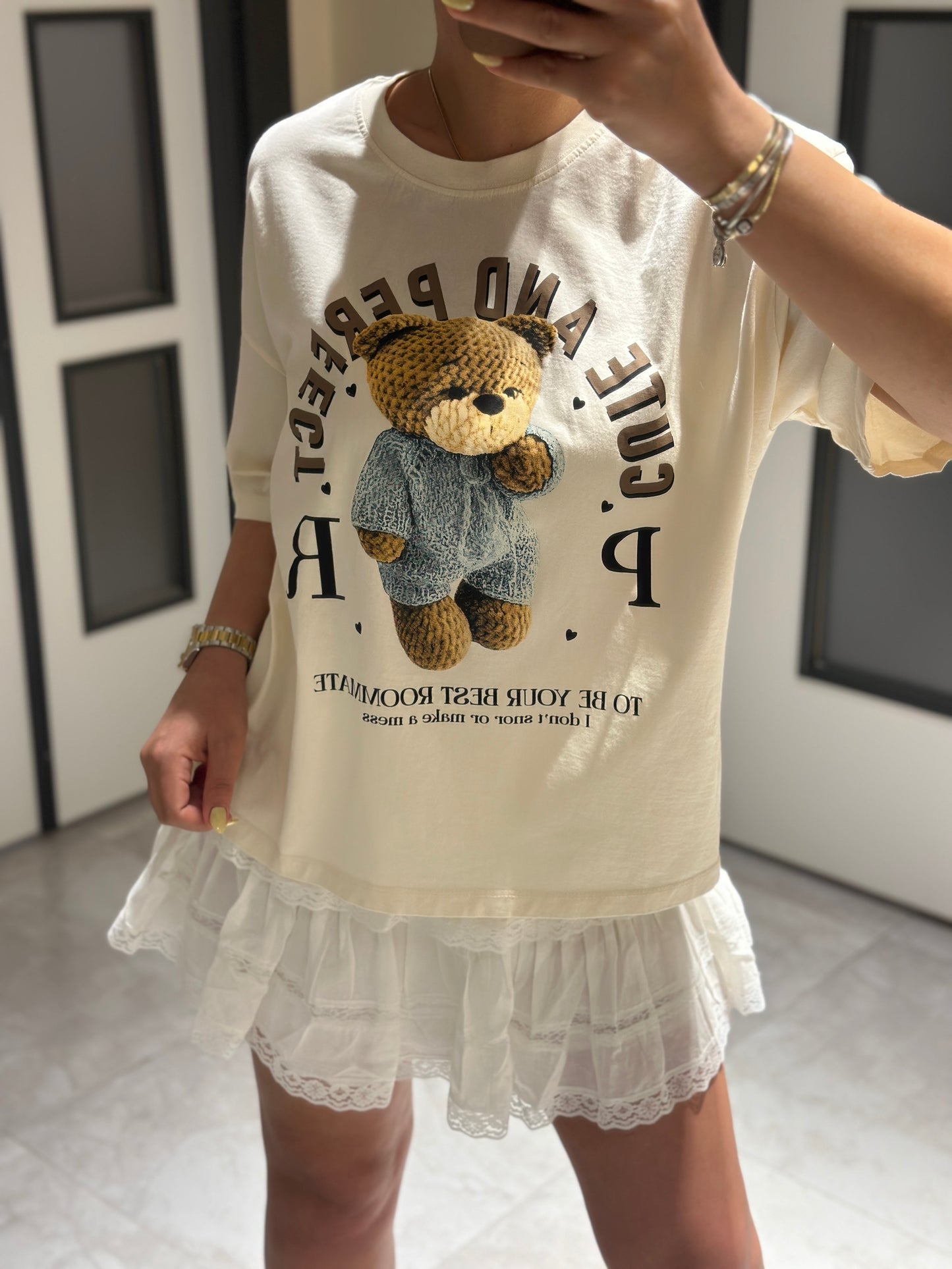 Ekru Teddy Baskılı Tshirt