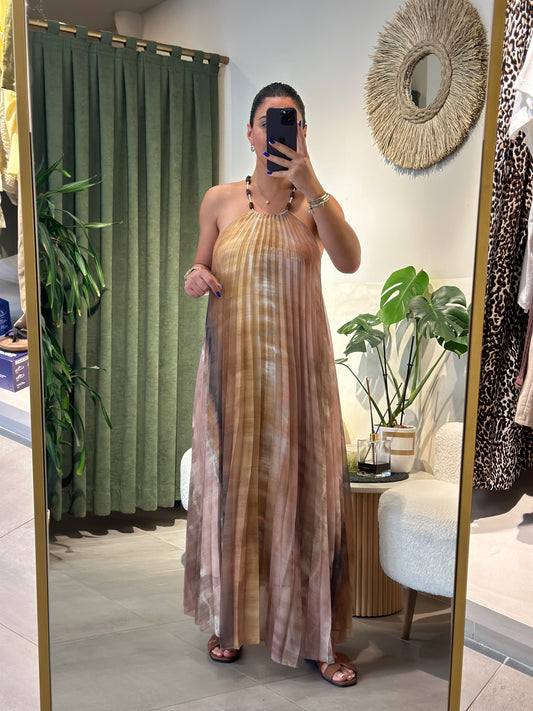ZR Model Piliseli Boyundan Boncuk Bağlamalı Sırt Dekolteli Maksi Elbise