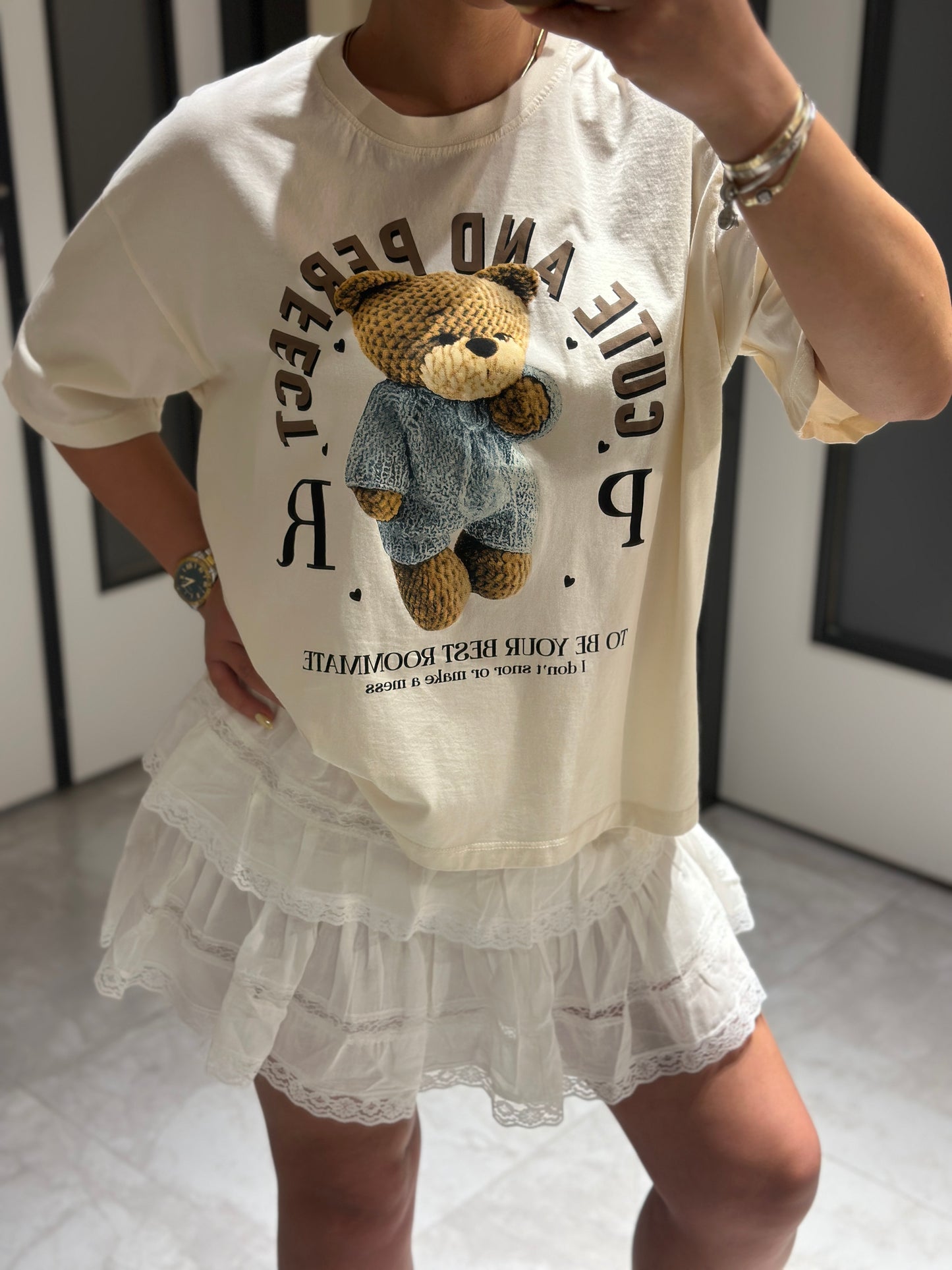 Ekru Teddy Baskılı Tshirt