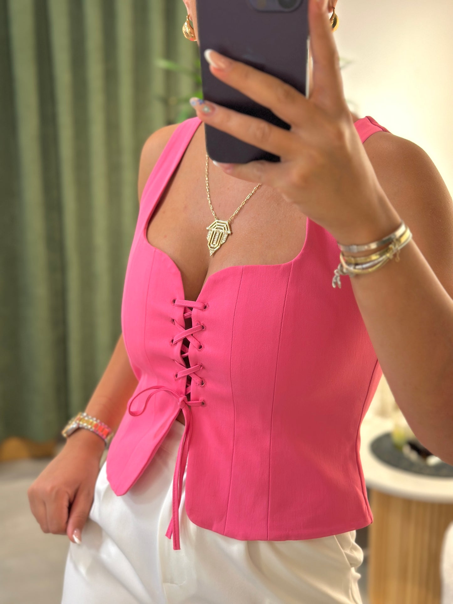Pembe Kare Yaka Ön Bağlamalı Bluz