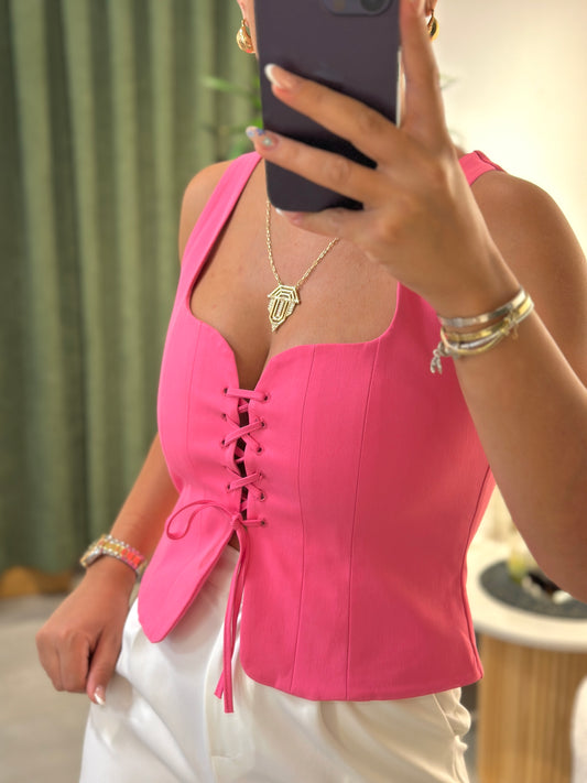 Pembe Kare Yaka Ön Bağlamalı Bluz