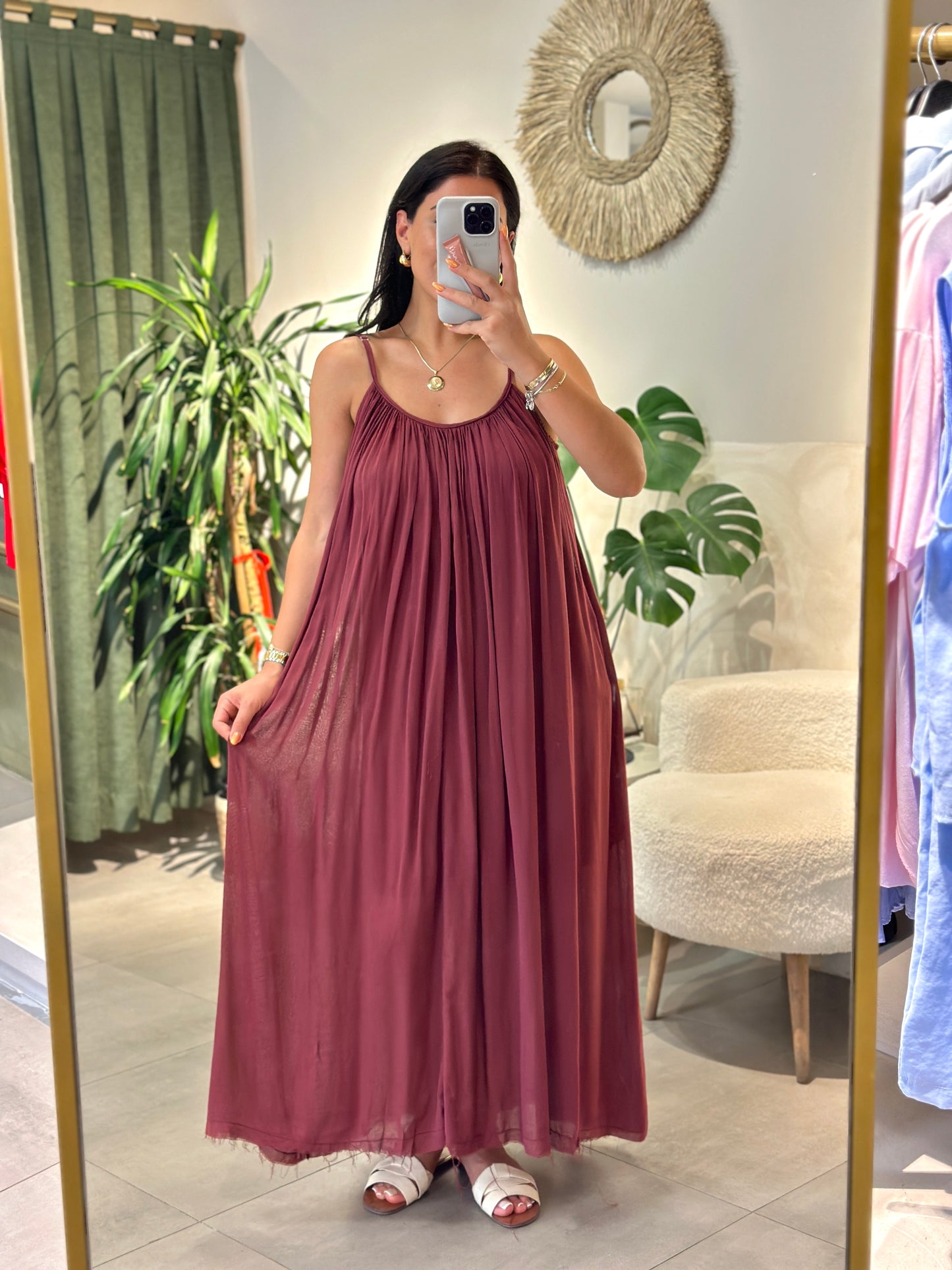 Bordo Askılı Rahat Elbise