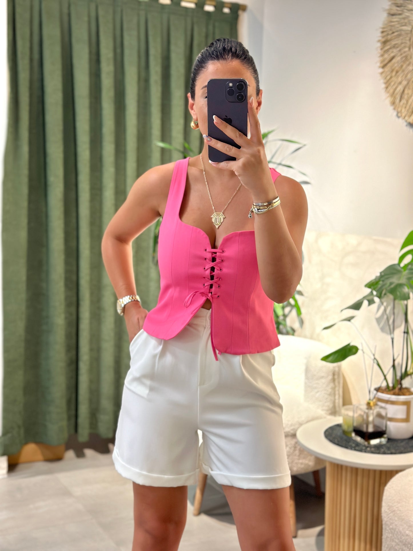 Pembe Kare Yaka Ön Bağlamalı Bluz