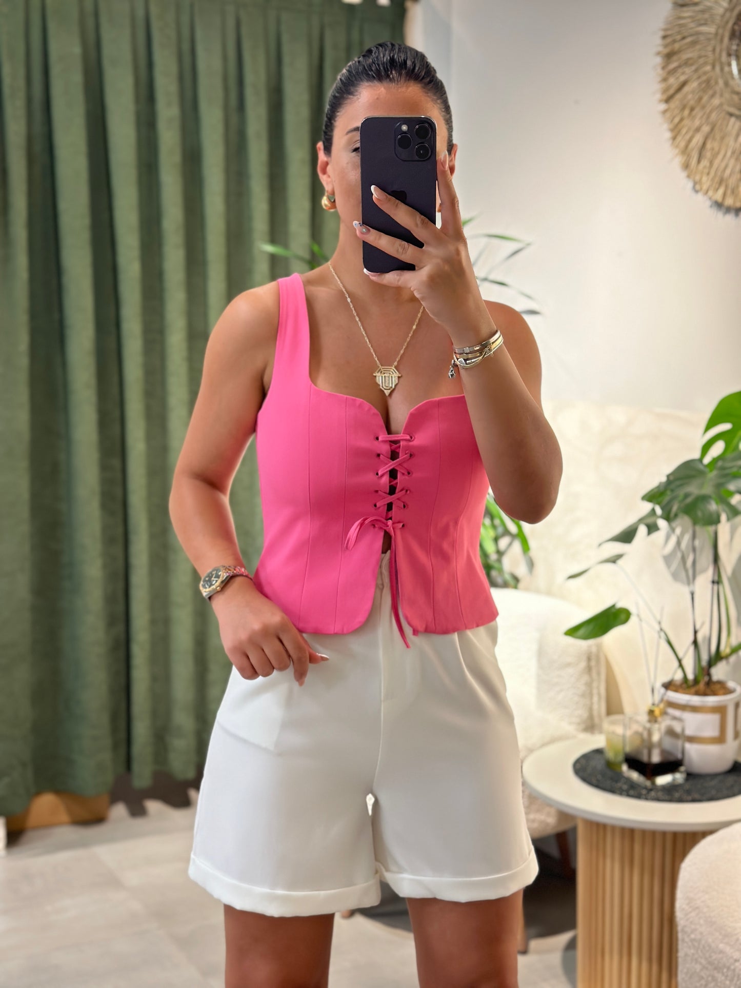 Pembe Kare Yaka Ön Bağlamalı Bluz