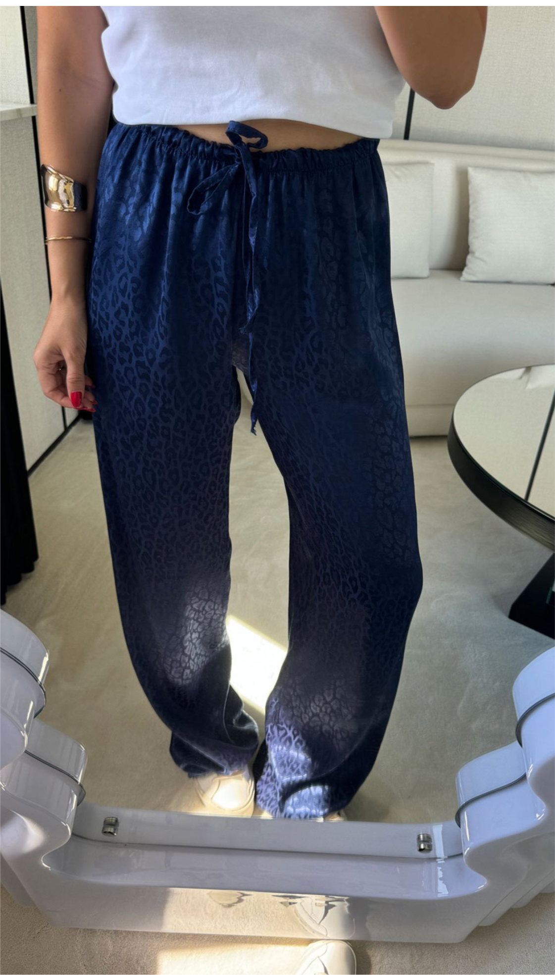 Mavi Leopar Desen Saten Pantolon