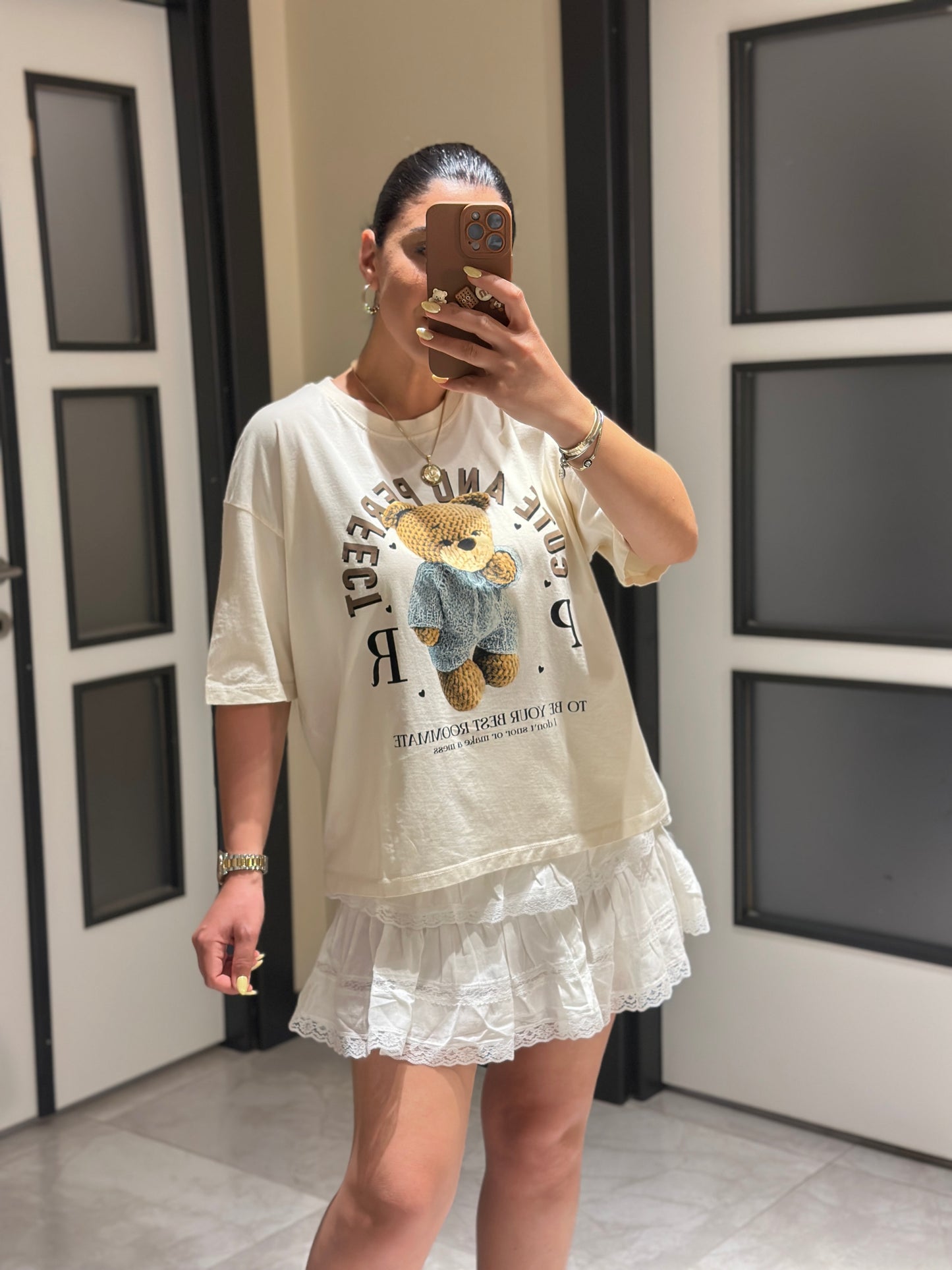 Ekru Teddy Baskılı Tshirt