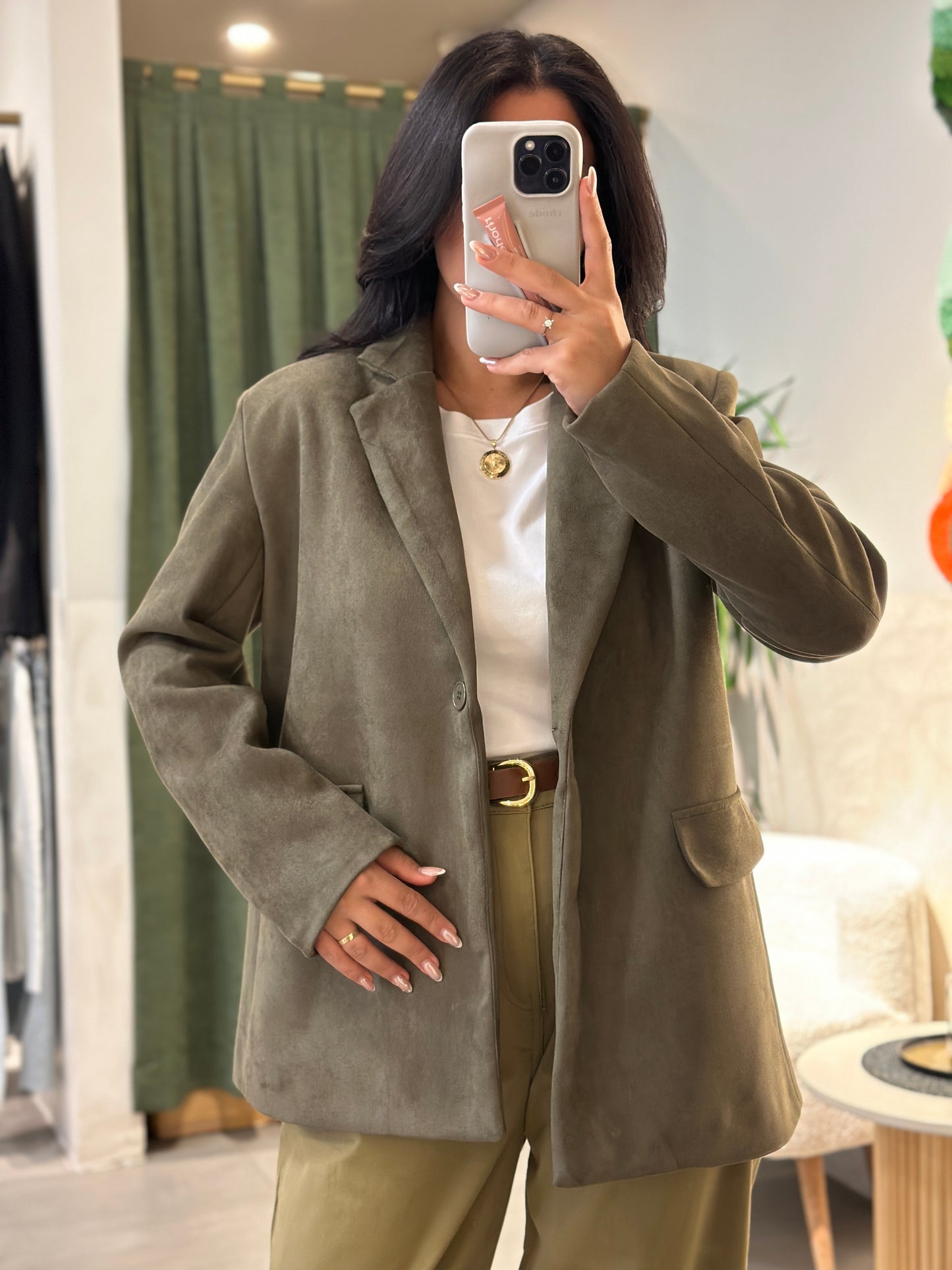 Süet Omuzları Vatkalı Haki Blazer Ceket