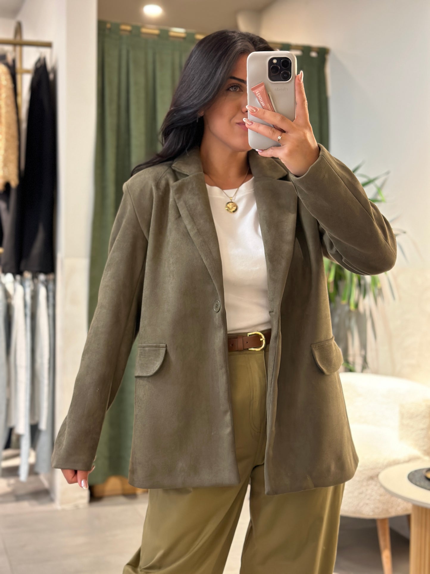Süet Omuzları Vatkalı Haki Blazer Ceket