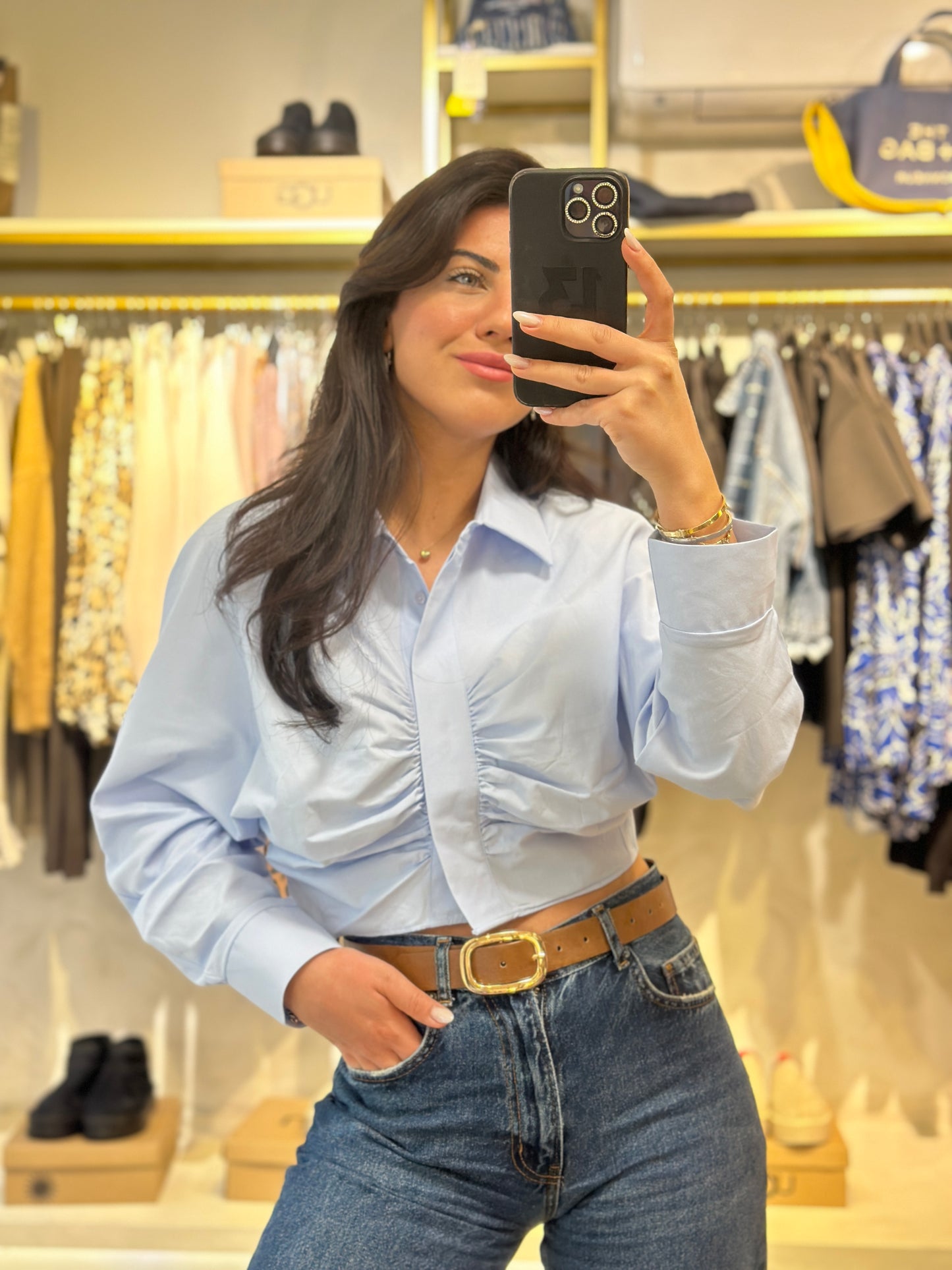 Bebe Mavisi Büzgü Detay Crop Gömlek