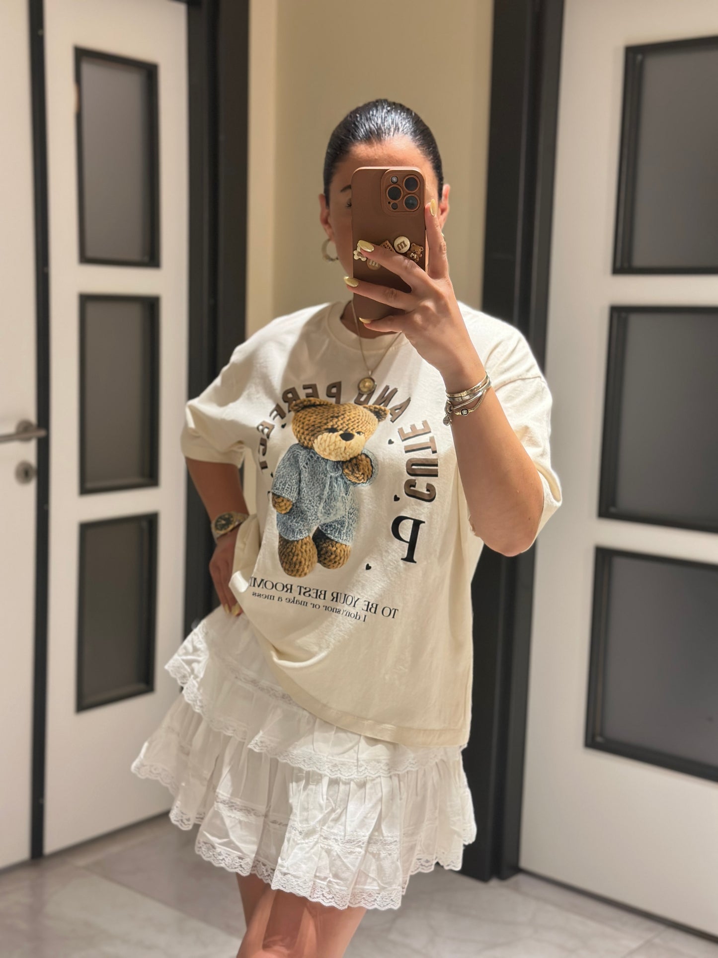 Ekru Teddy Baskılı Tshirt