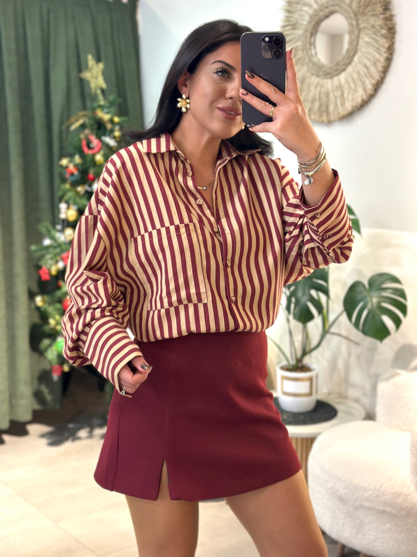 Krem Bordo Çizgili Oversize Gömlek