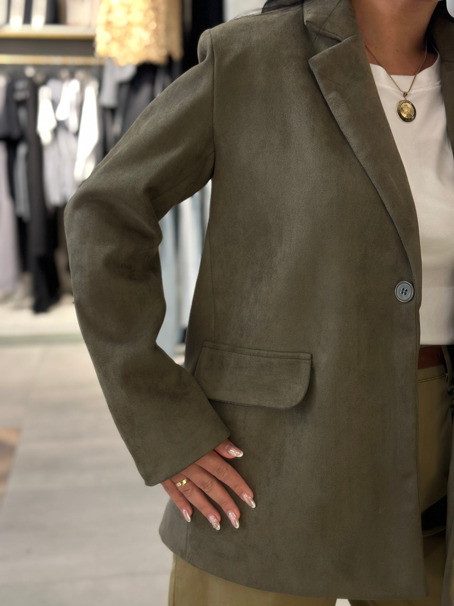 Süet Omuzları Vatkalı Haki Blazer Ceket