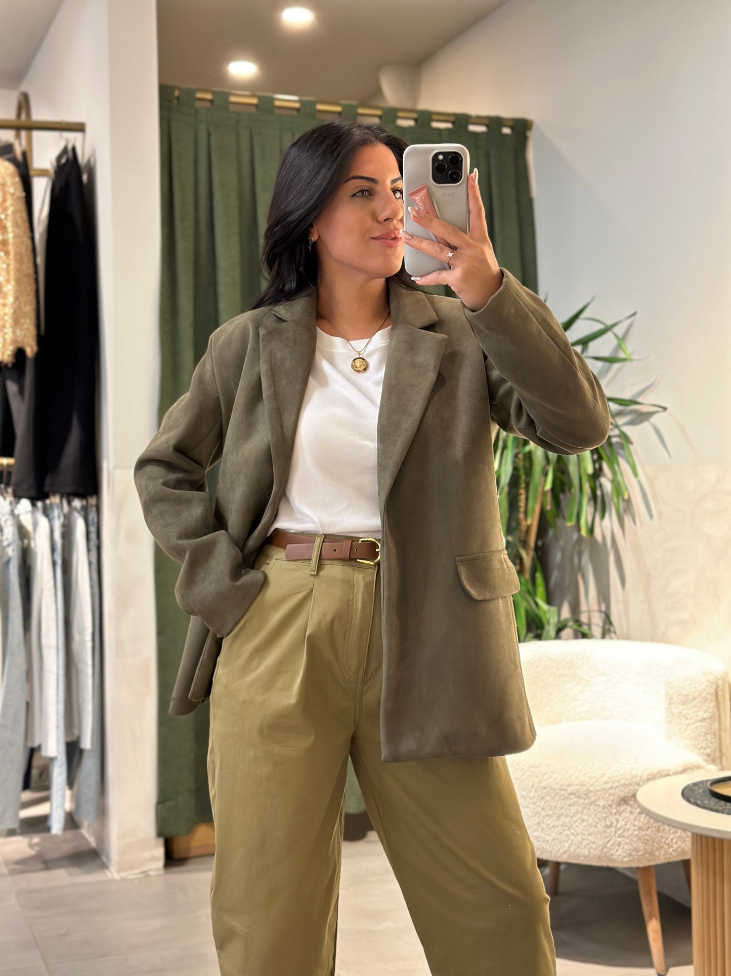 Süet Omuzları Vatkalı Haki Blazer Ceket