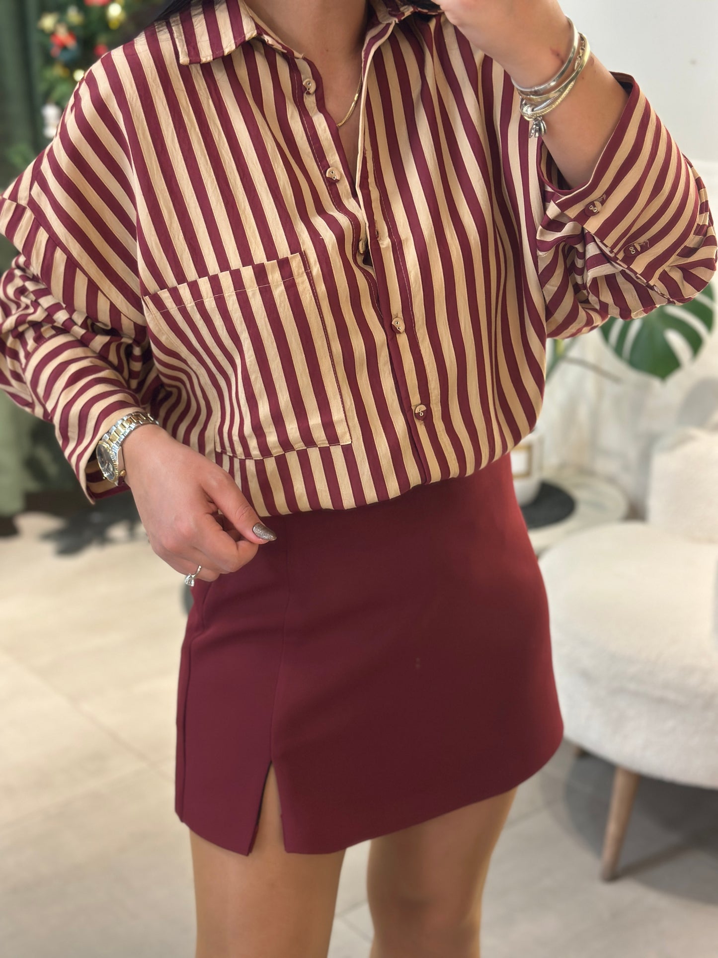 Bordo Yırtmaçlı Şort Etek